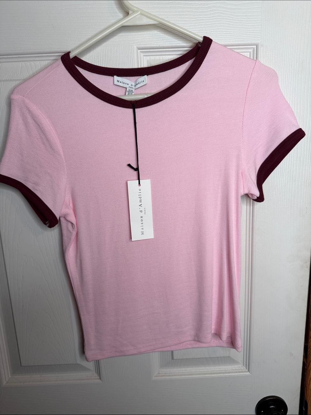 Maison d’Avril Pink Ringer Tee with Burgundy Trim